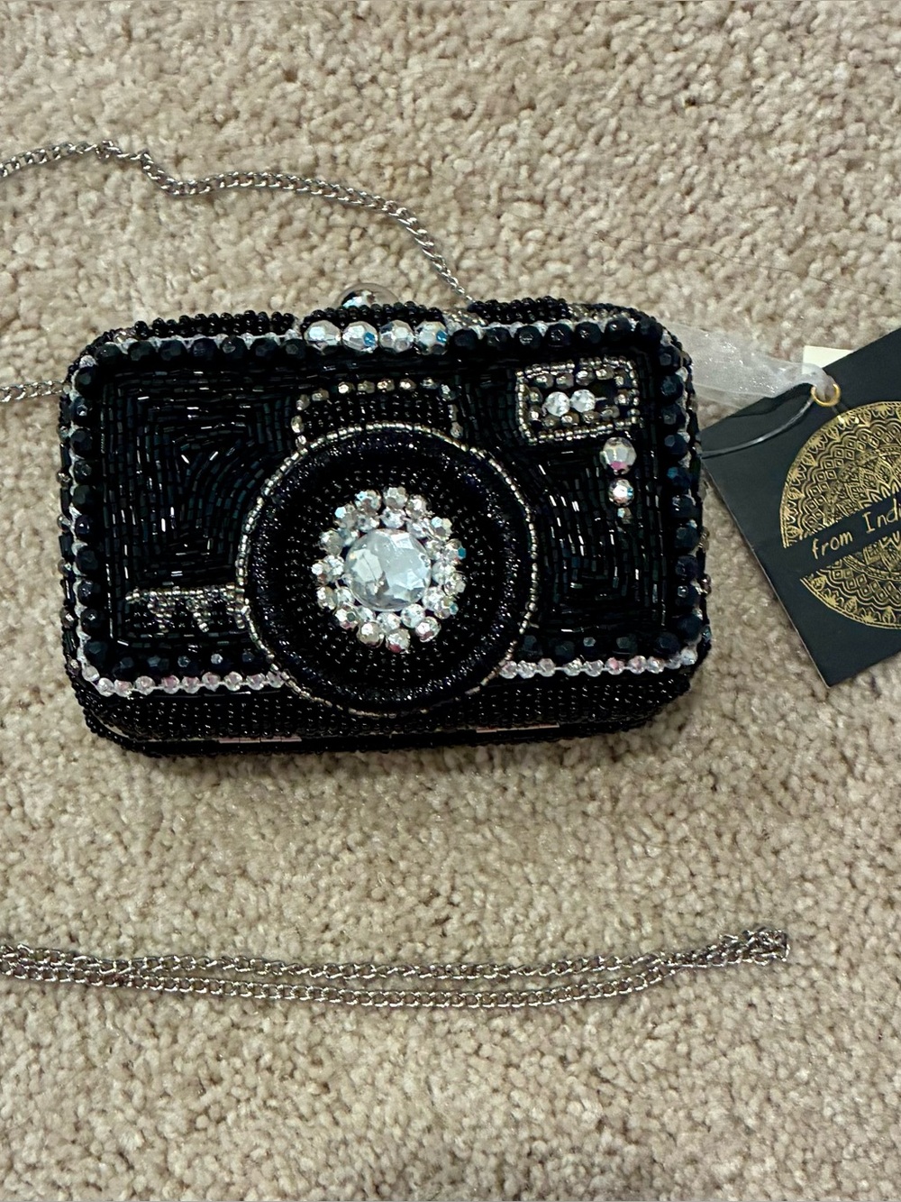 NWT Beaded Camera Crossbody Bag Black Silver Rhinestone Novelty Purse